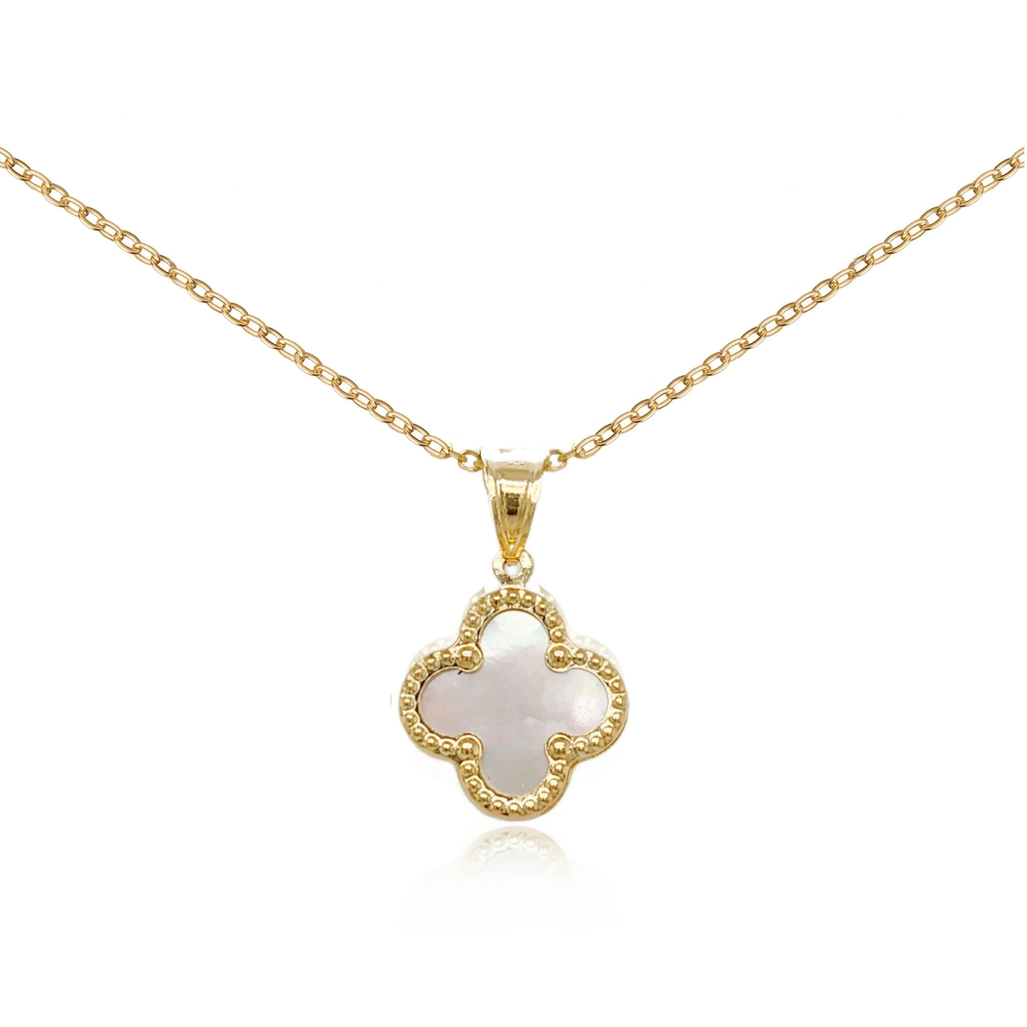 14k Gold Beaded Border Clover Pendant Necklace