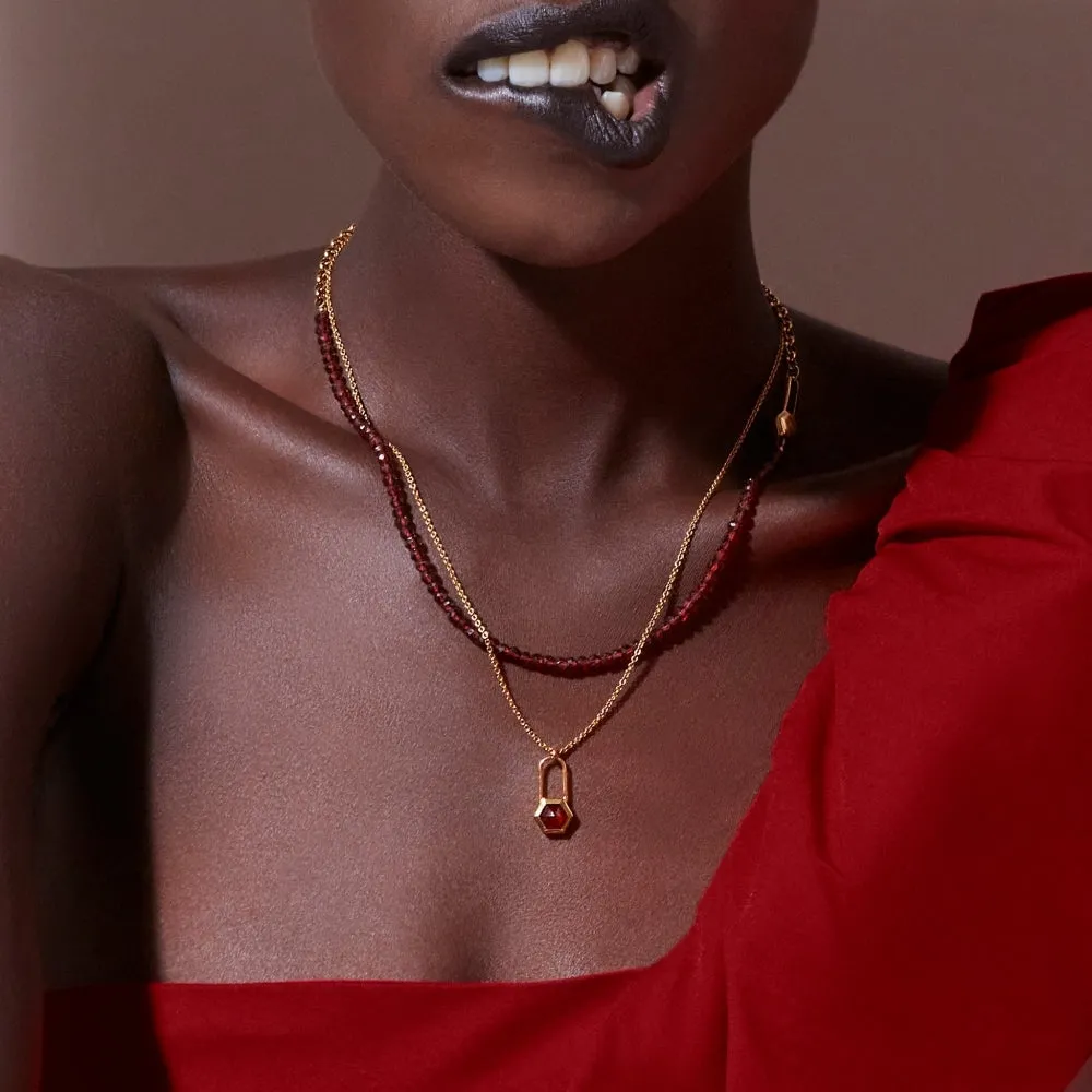 Asymmetric Garnet Chain Padlock Necklace - Gold - HXPN3GP