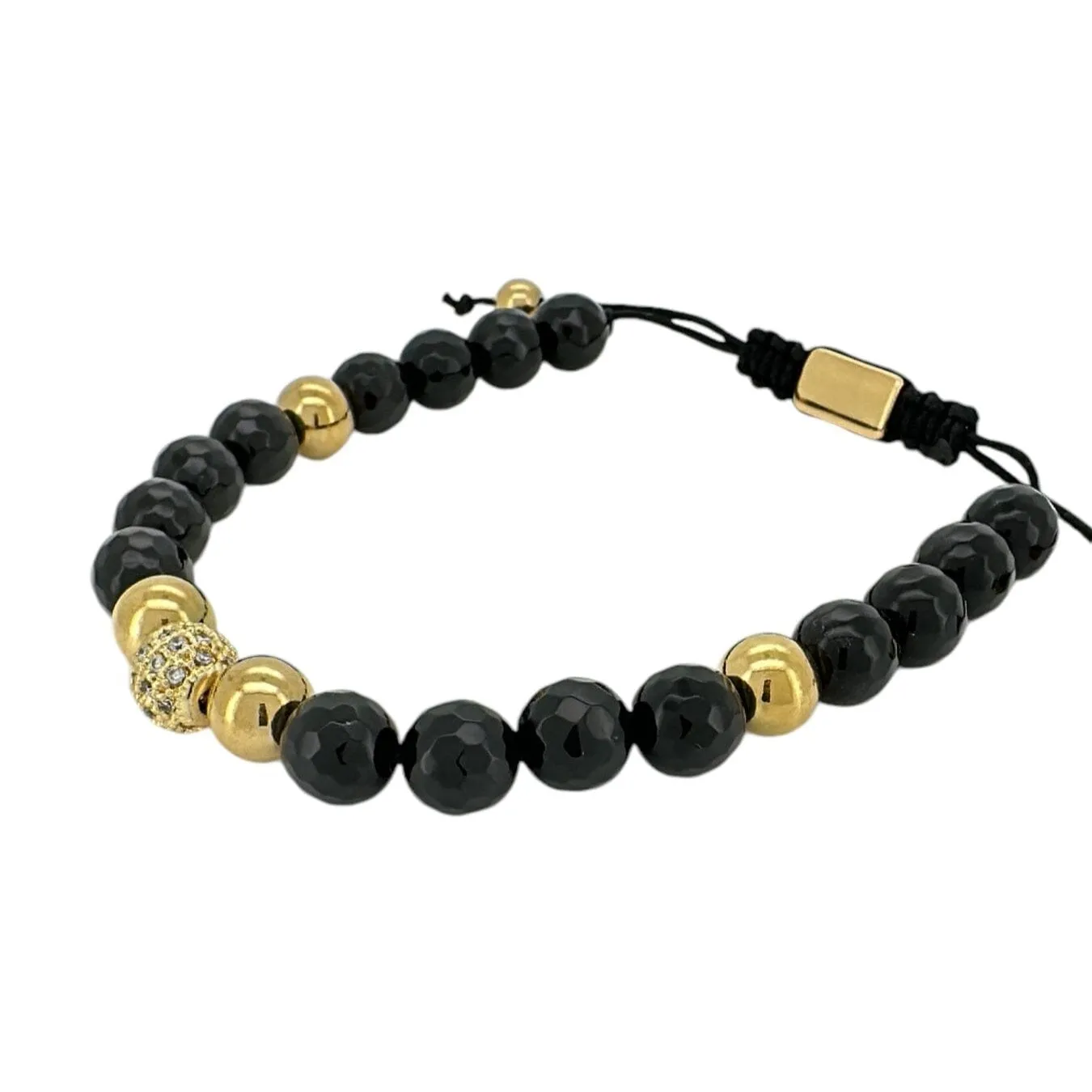 Black Onyx and Gold CZ Ball Macrame Bracelet