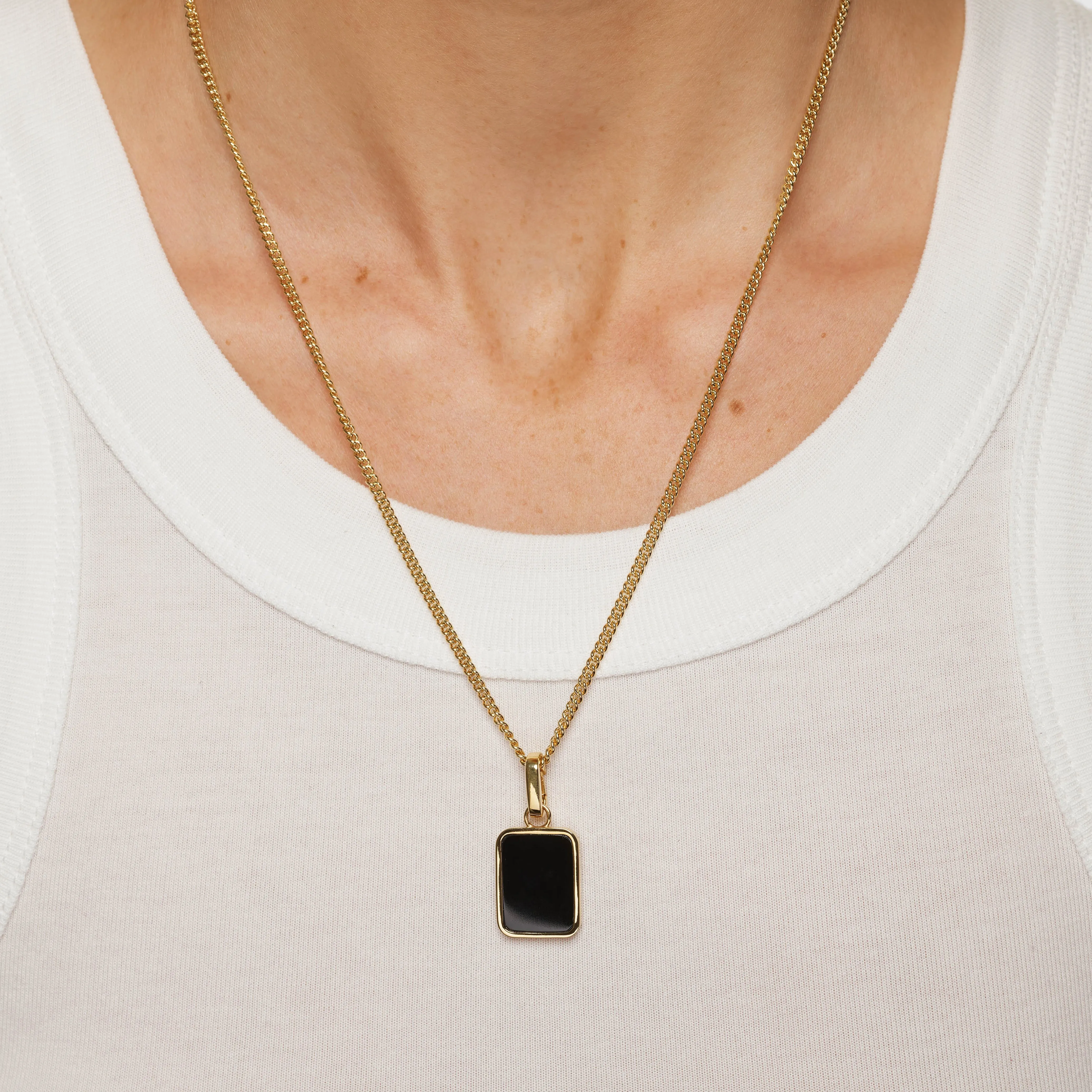 Black Onyx Unisex Curb Chain Pendant Necklace in Gold