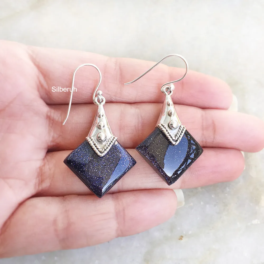 Blue Sunstone Tribal Silver Earring