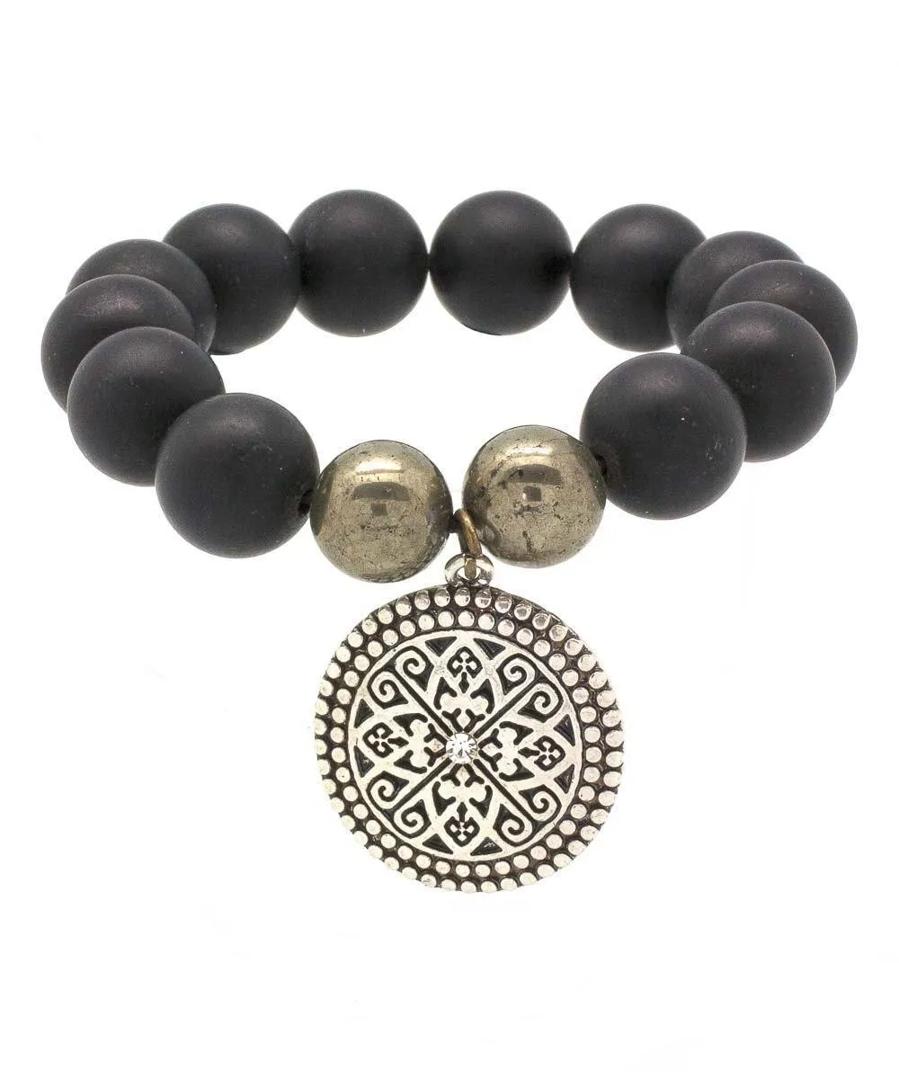 Bracelet Lhassa en onyx noir mat, pyrites de fer et charm - Editions LESSisRARE Bijoux