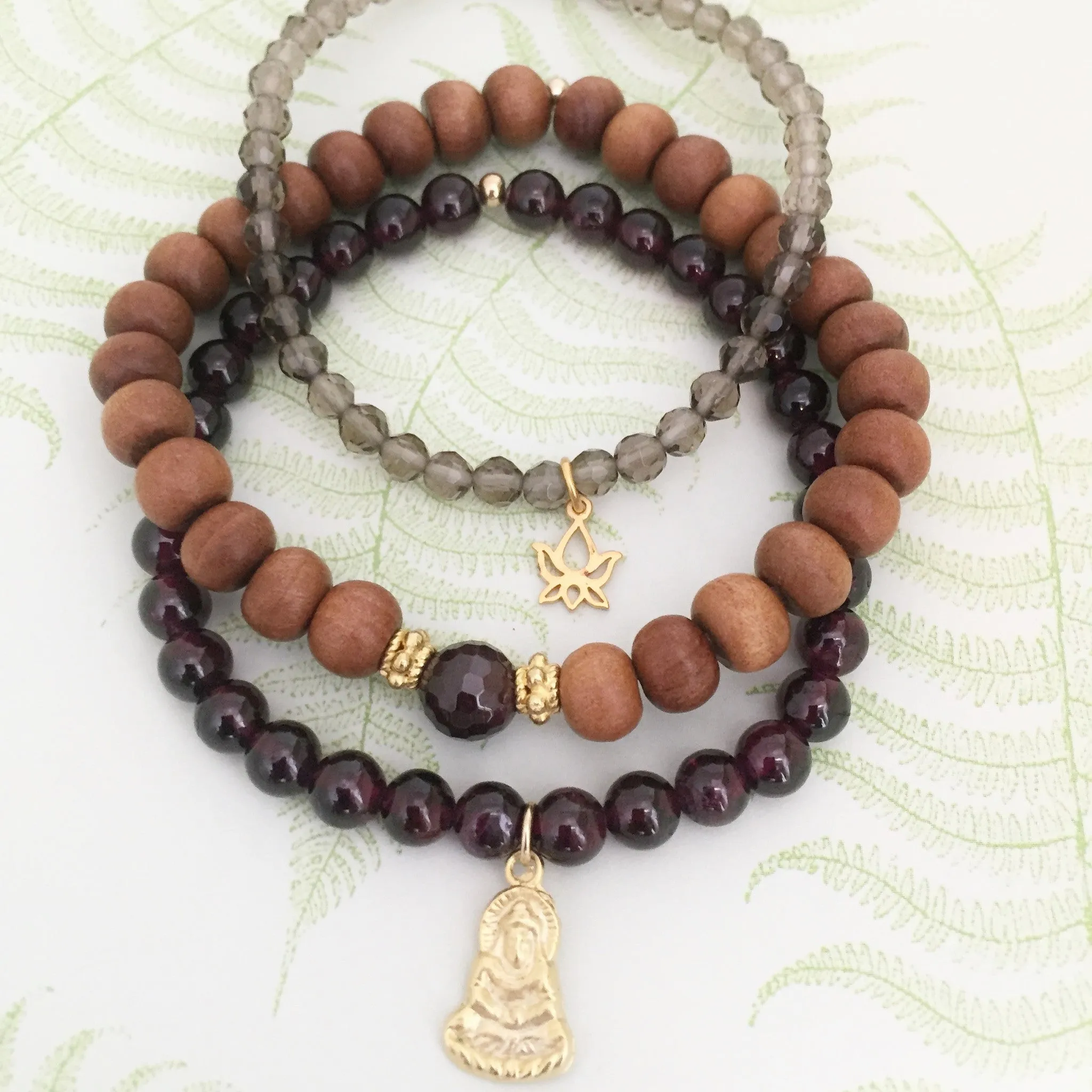 Buddhas Bliss Bracelet Stack | Garnet Labradorite Sandalwood