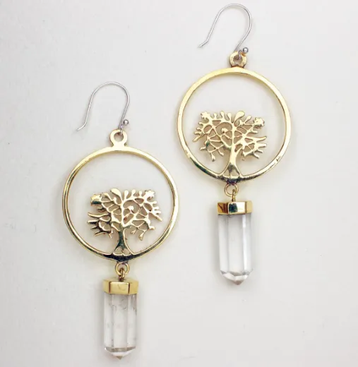 Clear Quartz Seed Tree Dangle Earrings