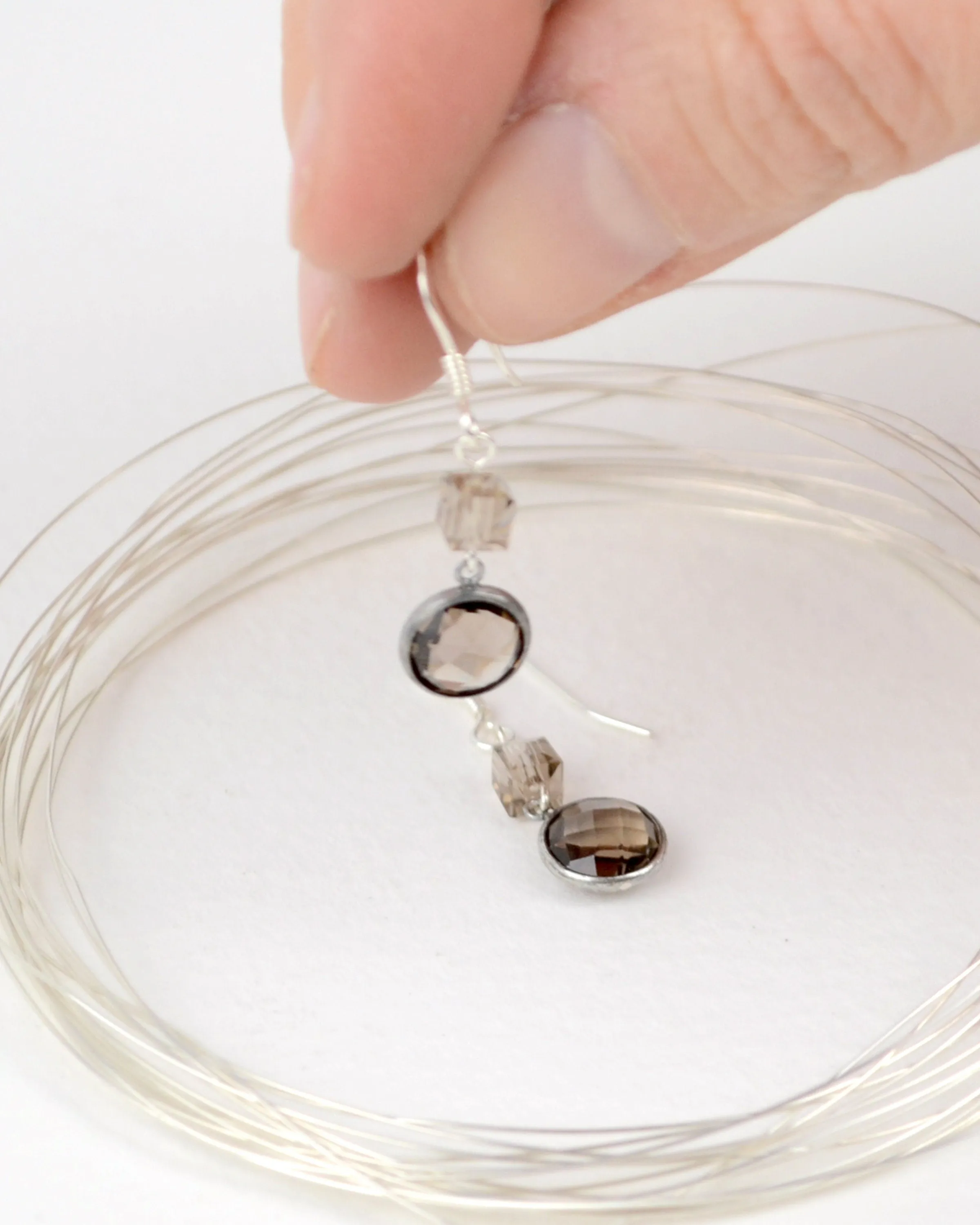 Dainty smoky quartz and silver dangling earrings, minimalist earrings, summer jewelry