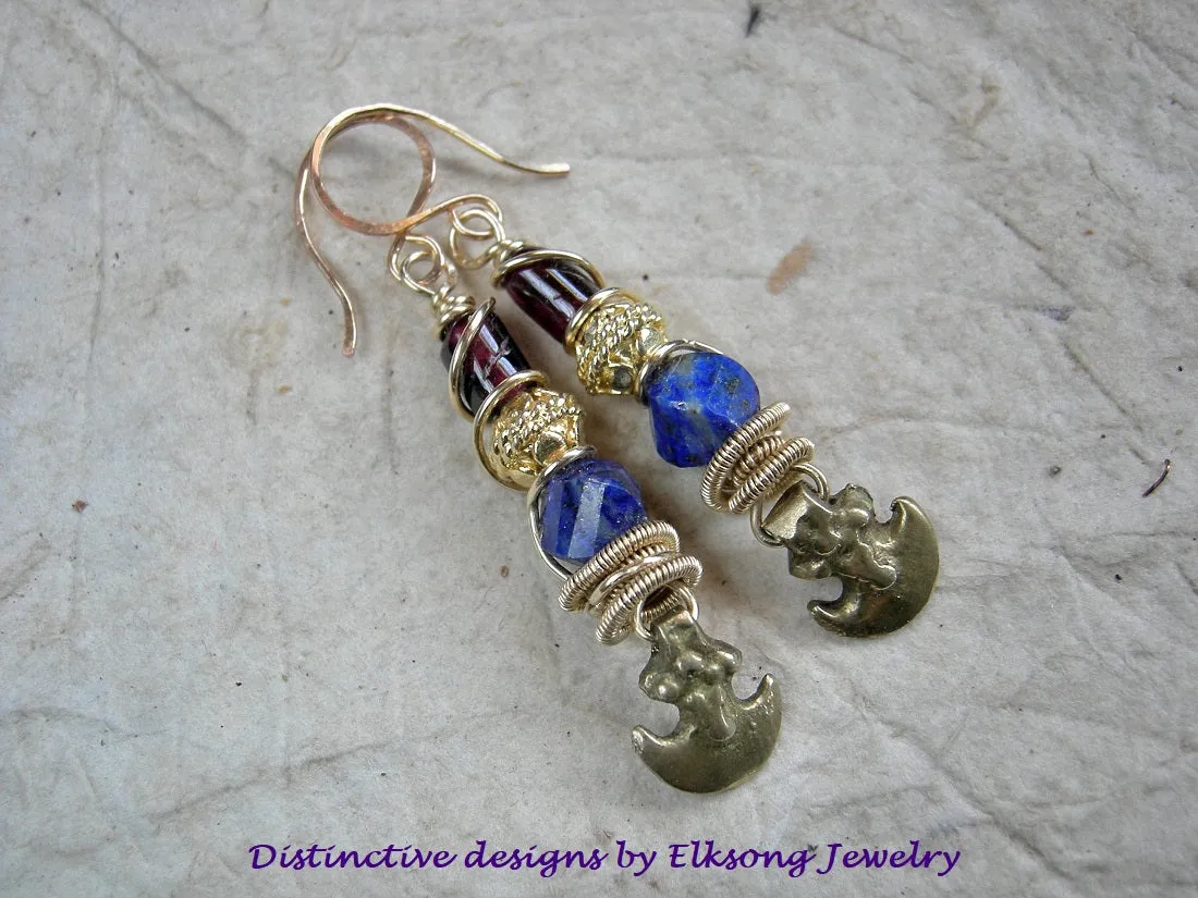 Decadent Lapis, Garnet & Gold Earrings, Vintage Ethnic Brass