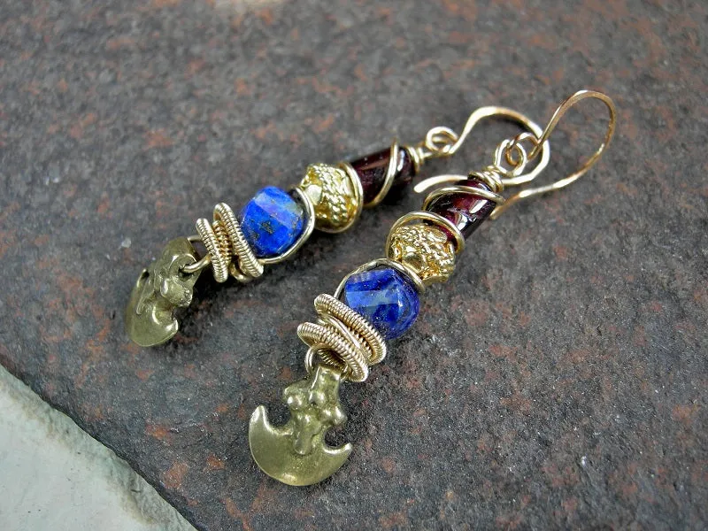 Decadent Lapis, Garnet & Gold Earrings, Vintage Ethnic Brass