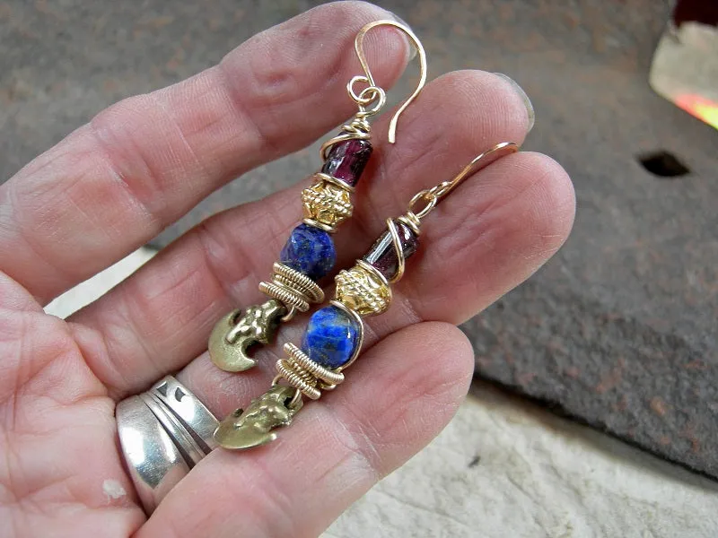 Decadent Lapis, Garnet & Gold Earrings, Vintage Ethnic Brass