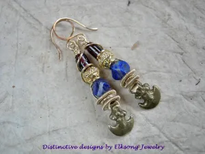 Decadent Lapis, Garnet & Gold Earrings, Vintage Ethnic Brass