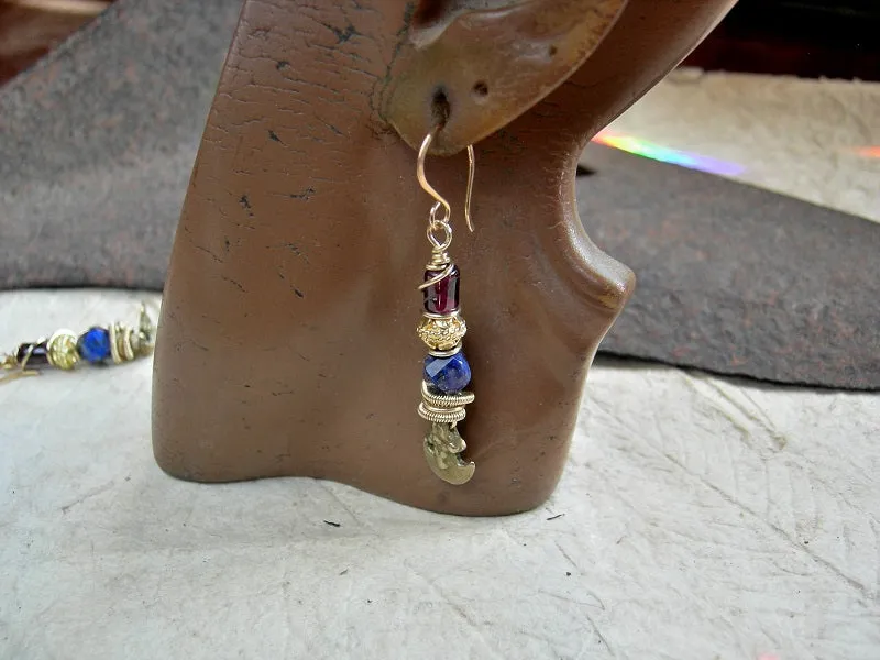 Decadent Lapis, Garnet & Gold Earrings, Vintage Ethnic Brass