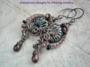 Fossilized, Black Glass Nautilus Earrings, Copper Wire Wrap