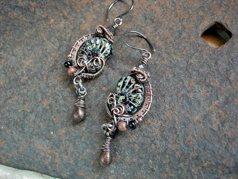 Fossilized, Black Glass Nautilus Earrings, Copper Wire Wrap