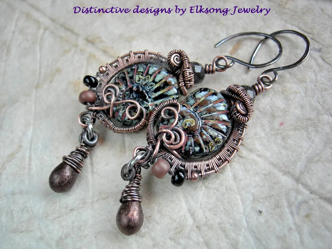 Fossilized, Black Glass Nautilus Earrings, Copper Wire Wrap