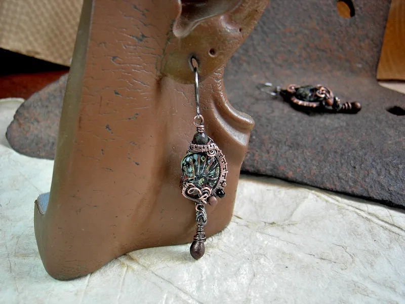Fossilized, Black Glass Nautilus Earrings, Copper Wire Wrap
