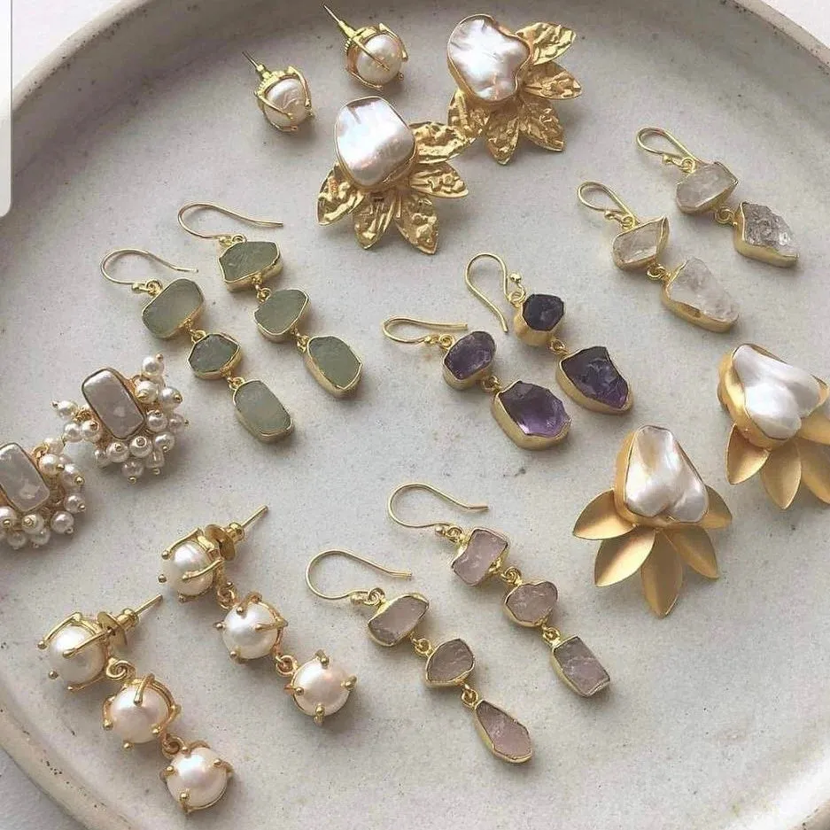 Gemajesty Rose Quartz Stone Drop Gold Earring