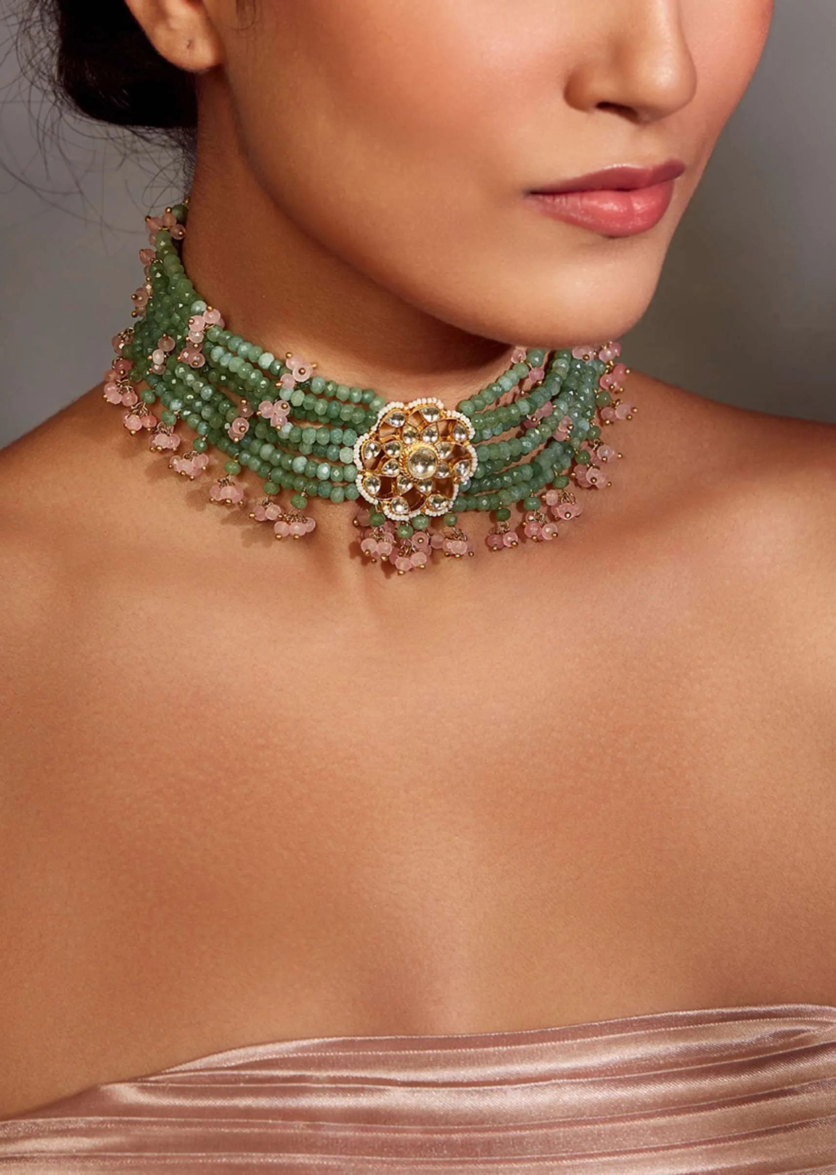 Gold Plated Floral Kundan Choker Necklace With Pink Onyx Stones In Silver Alloy