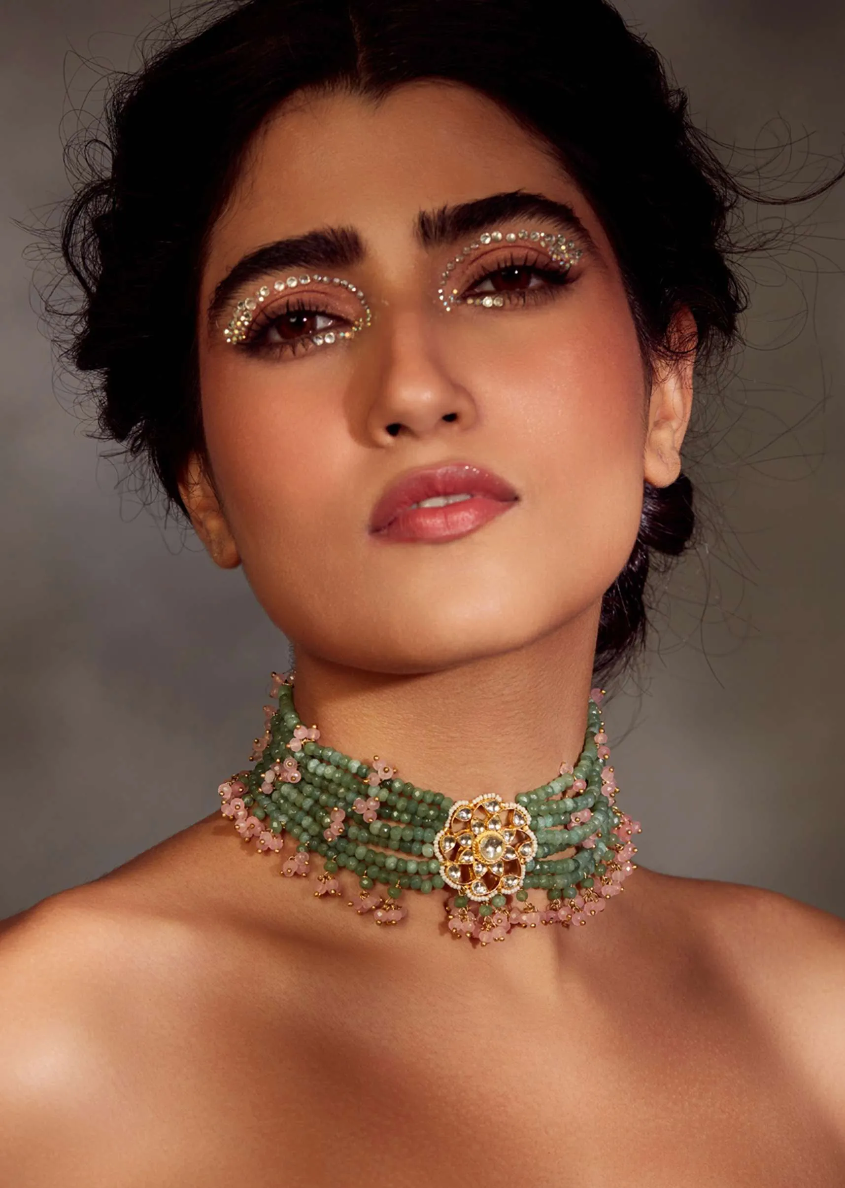 Gold Plated Floral Kundan Choker Necklace With Pink Onyx Stones In Silver Alloy