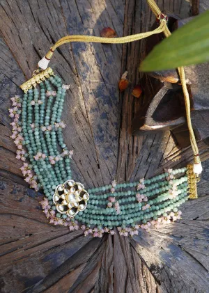 Gold Plated Floral Kundan Choker Necklace With Pink Onyx Stones In Silver Alloy