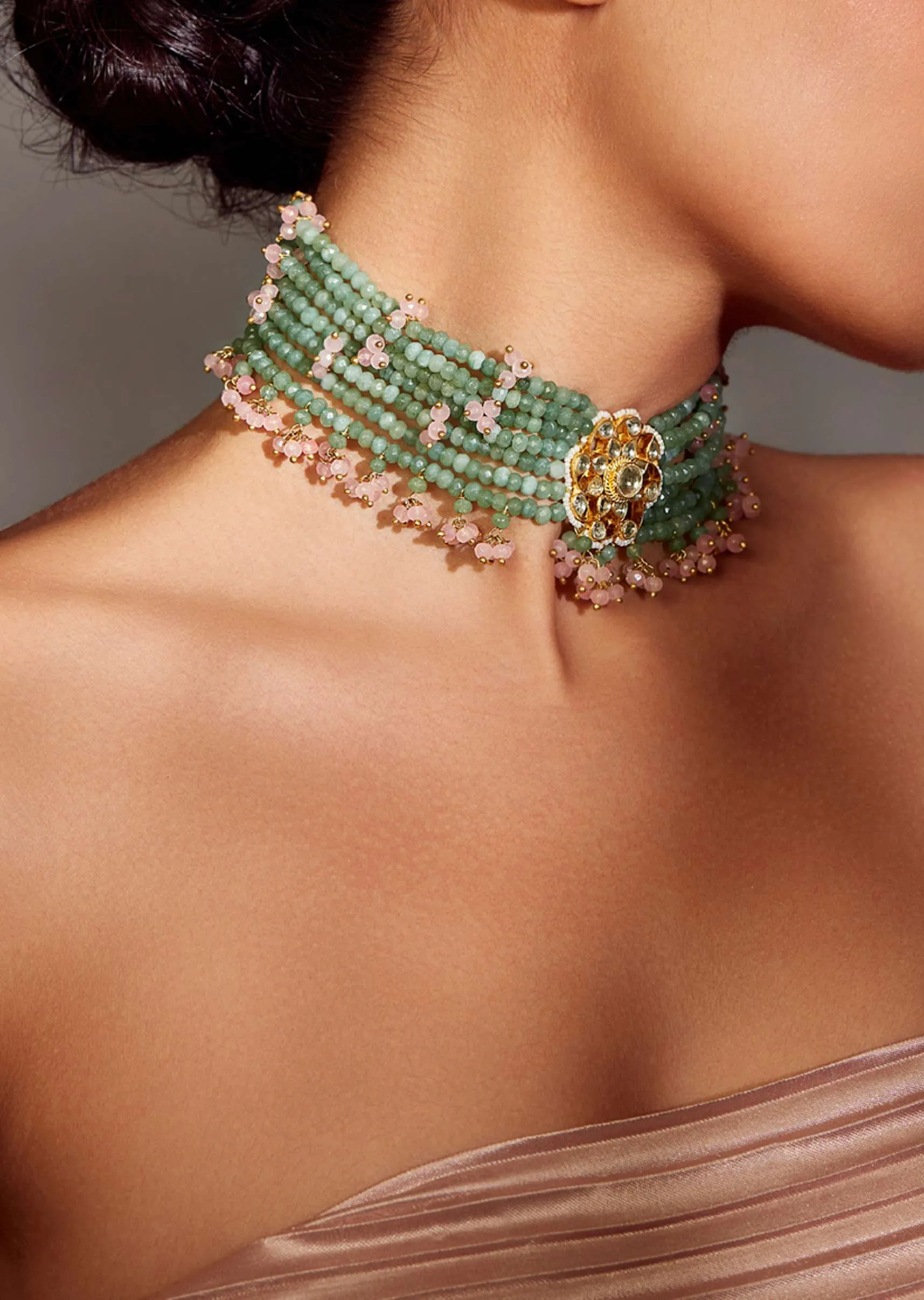 Gold Plated Floral Kundan Choker Necklace With Pink Onyx Stones In Silver Alloy
