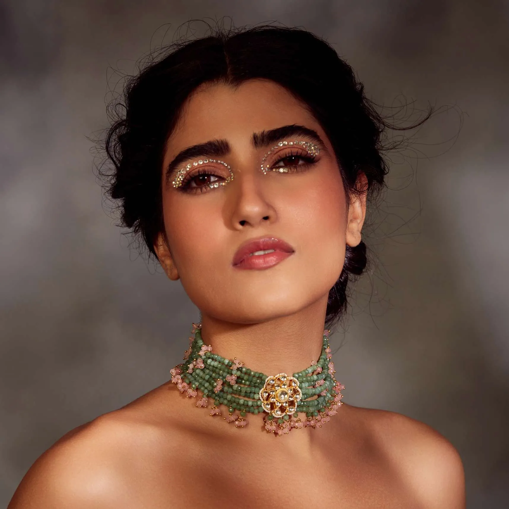 Gold Plated Floral Kundan Choker Necklace With Pink Onyx Stones In Silver Alloy
