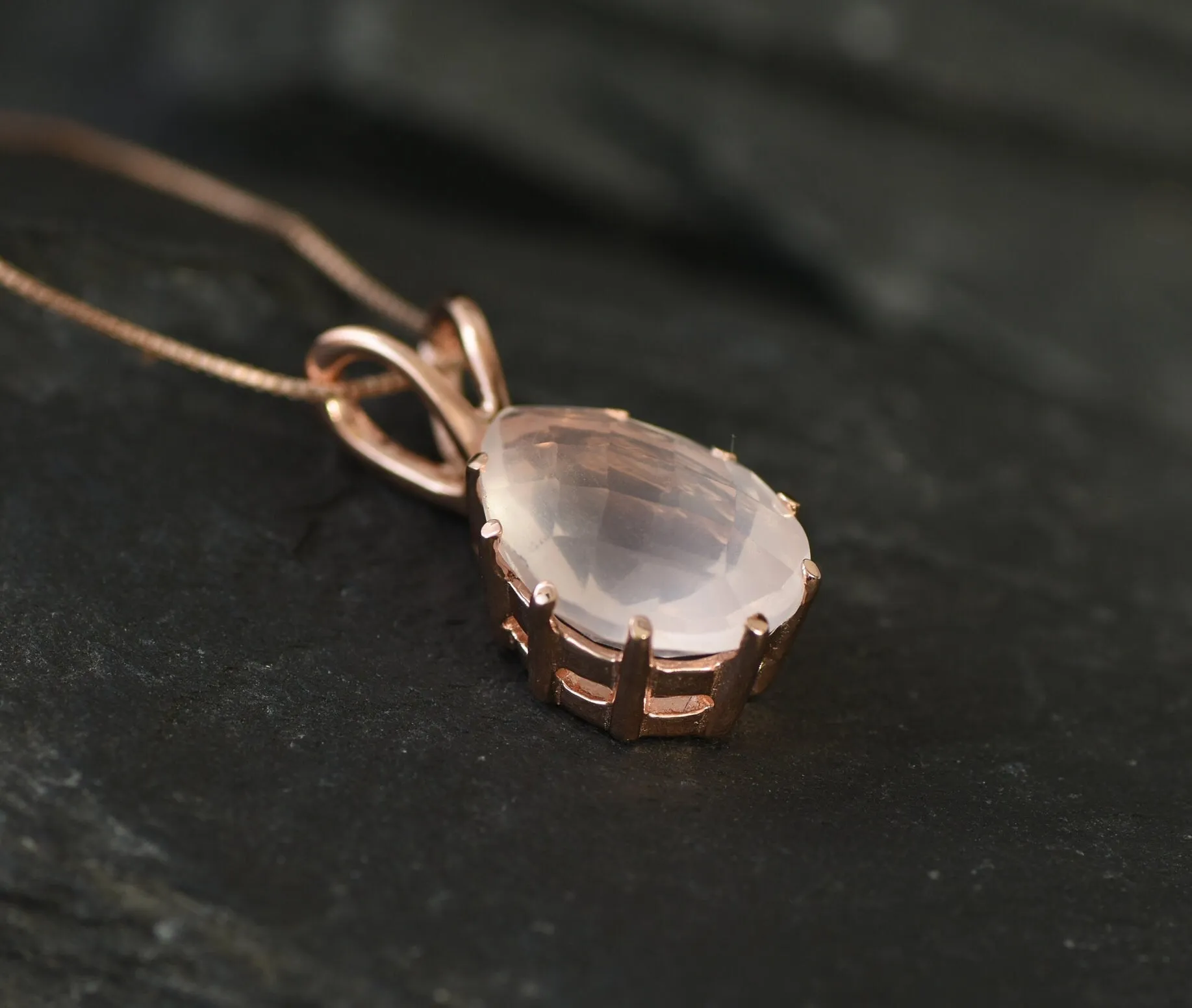 Gold Rose Quartz Pendant - Pink Teardrop Necklace - Vintage Rose Quartz Necklace