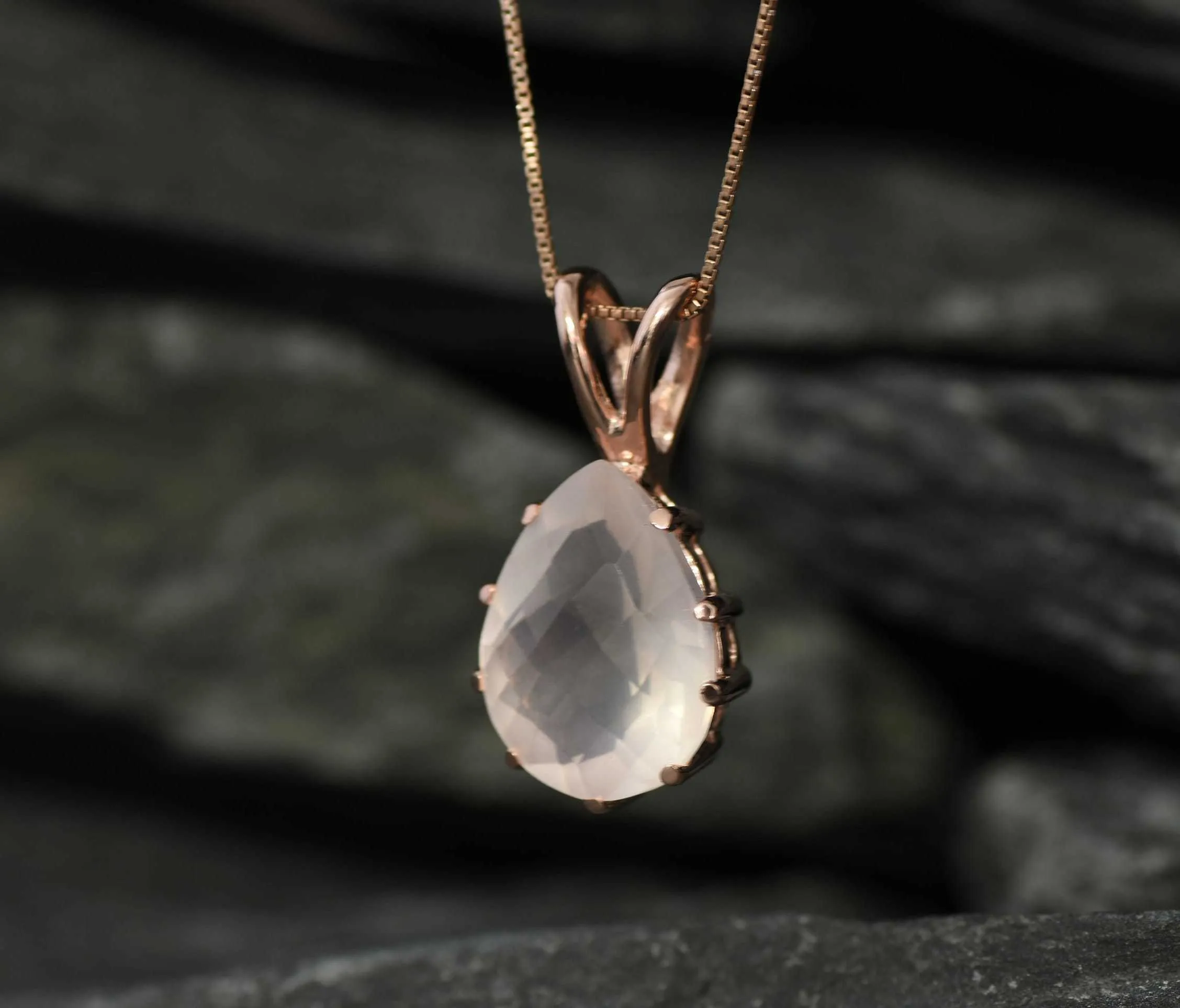 Gold Rose Quartz Pendant - Pink Teardrop Necklace - Vintage Rose Quartz Necklace