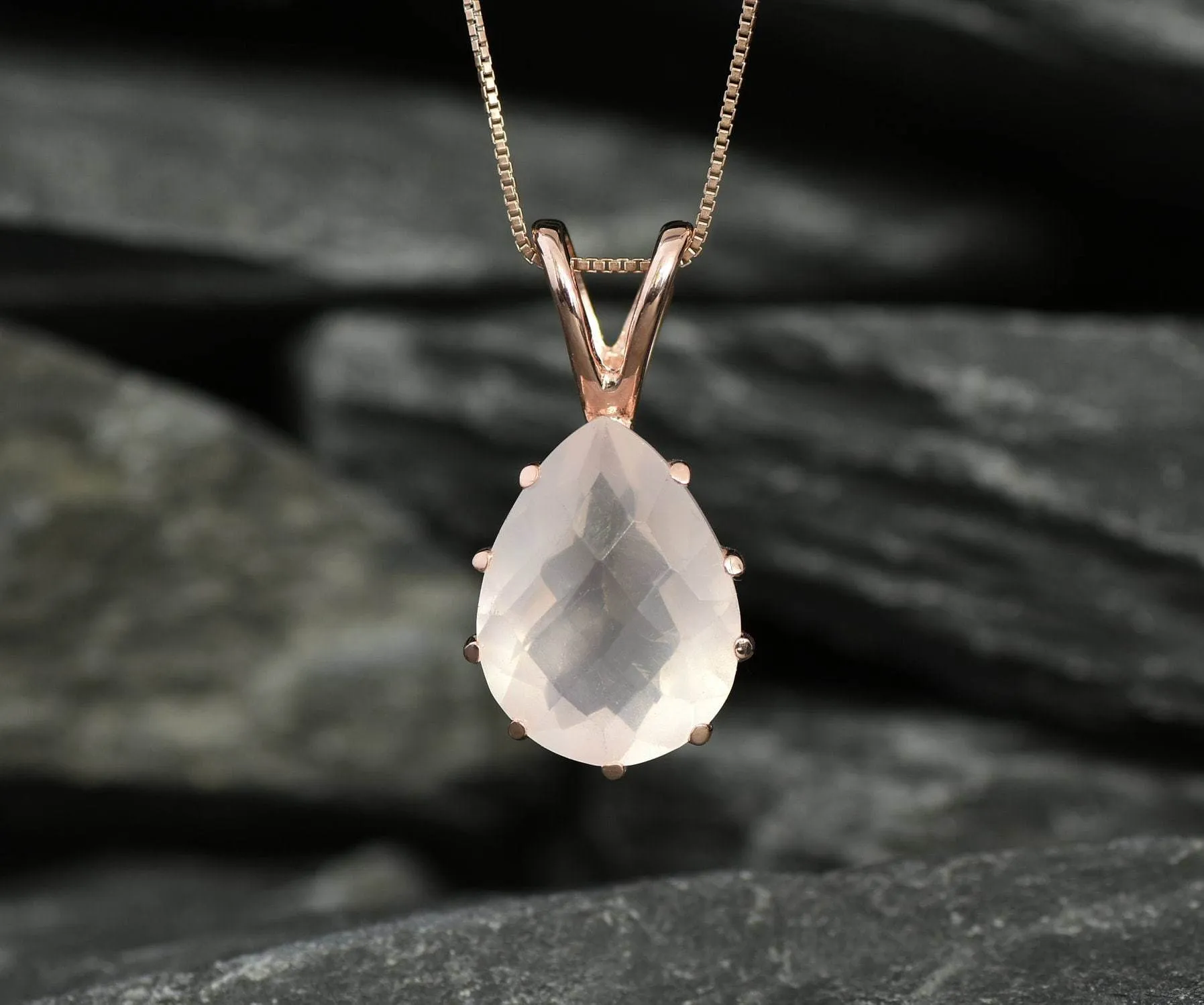 Gold Rose Quartz Pendant - Pink Teardrop Necklace - Vintage Rose Quartz Necklace
