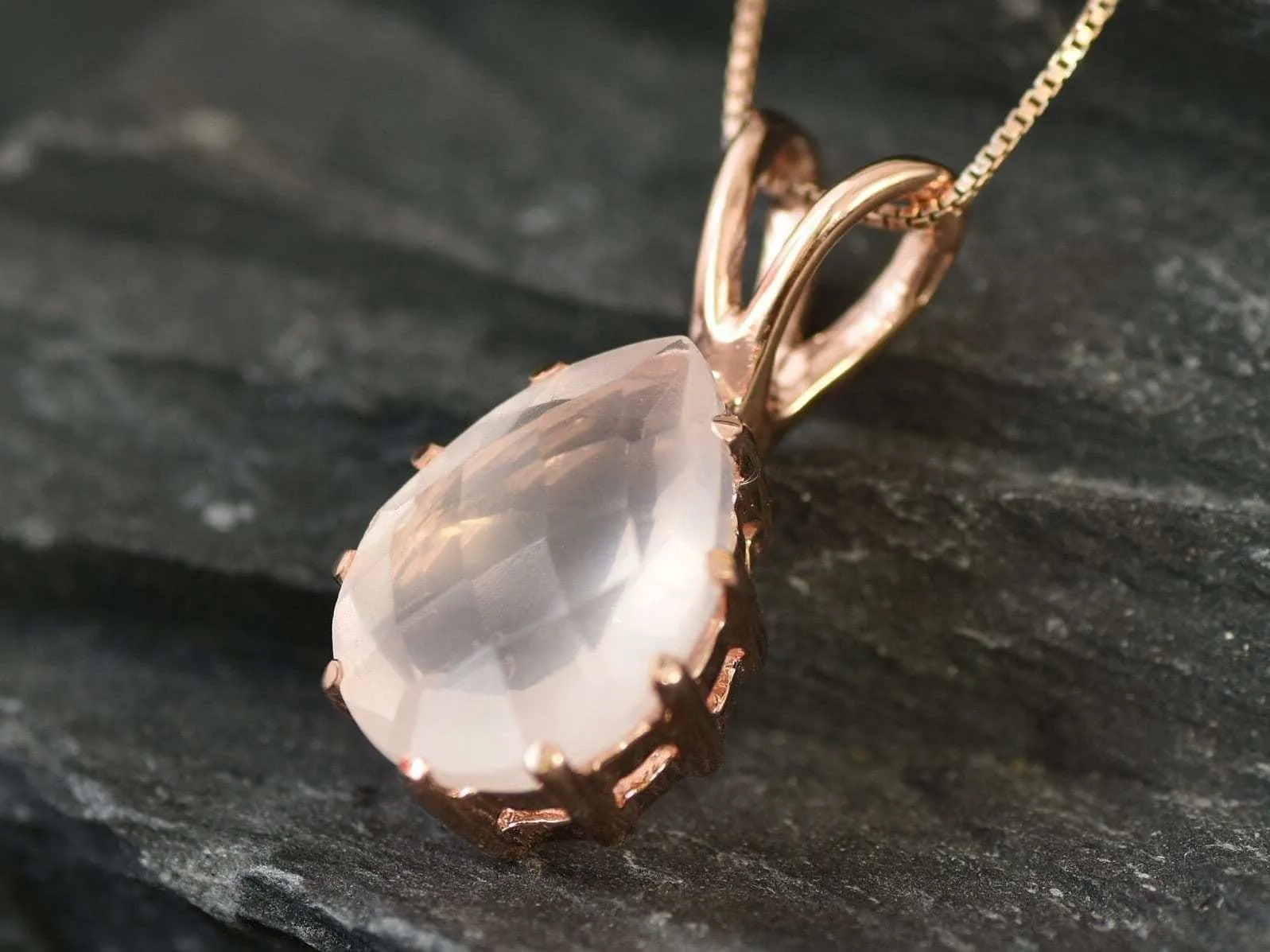 Gold Rose Quartz Pendant - Pink Teardrop Necklace - Vintage Rose Quartz Necklace