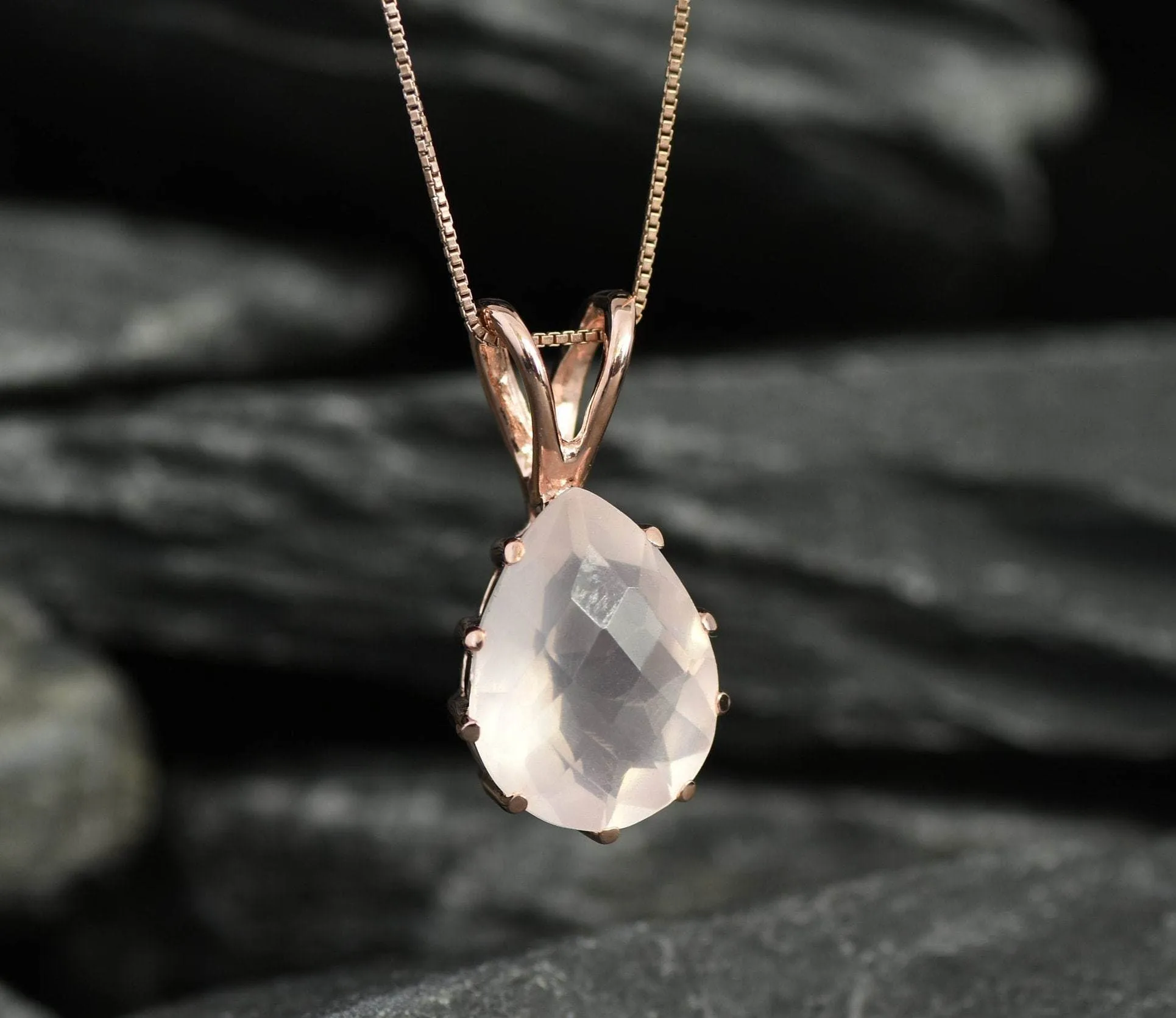 Gold Rose Quartz Pendant - Pink Teardrop Necklace - Vintage Rose Quartz Necklace