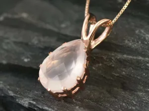 Gold Rose Quartz Pendant - Pink Teardrop Necklace - Vintage Rose Quartz Necklace