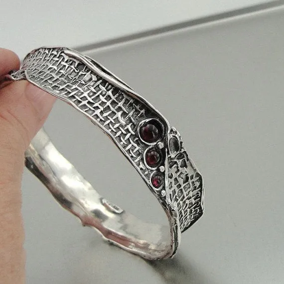 Hadar Handcrafted Artistic Solid Silver Garnet Bracelet January Birthstone Jewelry Gift for Her