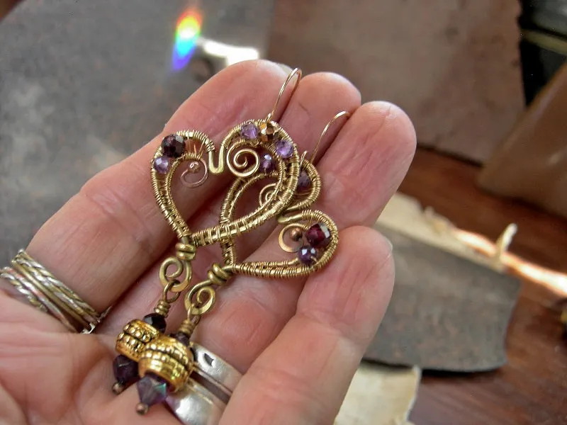 Heart O Gold Brass Wire Wrap Earrings, Faceted Amethyst & Garnet
