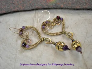 Heart O Gold Brass Wire Wrap Earrings, Faceted Amethyst & Garnet