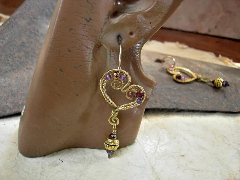 Heart O Gold Brass Wire Wrap Earrings, Faceted Amethyst & Garnet