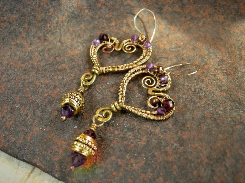 Heart O Gold Brass Wire Wrap Earrings, Faceted Amethyst & Garnet