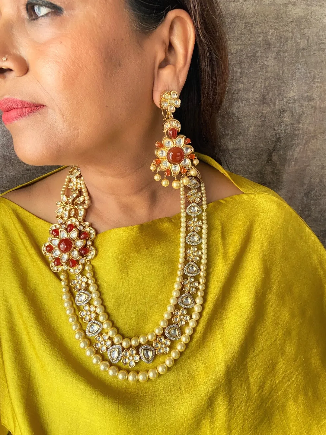 Kundan and polki with pearls and red onyx long necklace set