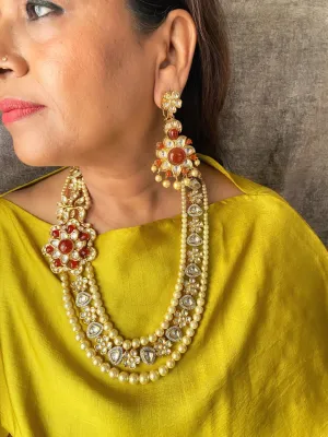 Kundan and polki with pearls and red onyx long necklace set