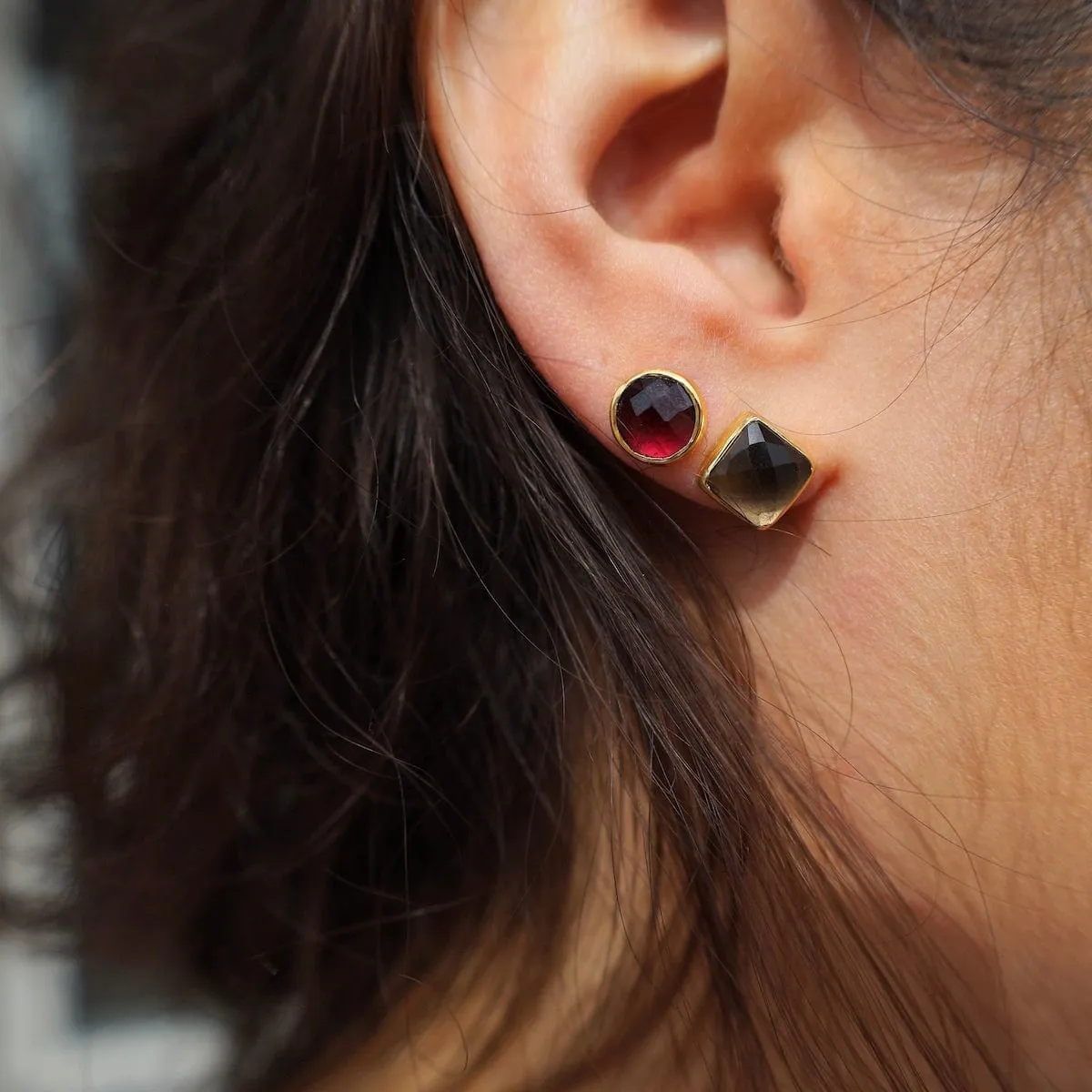 Madeline Stud Earrings - Vermeil Square - Smoky Quartz