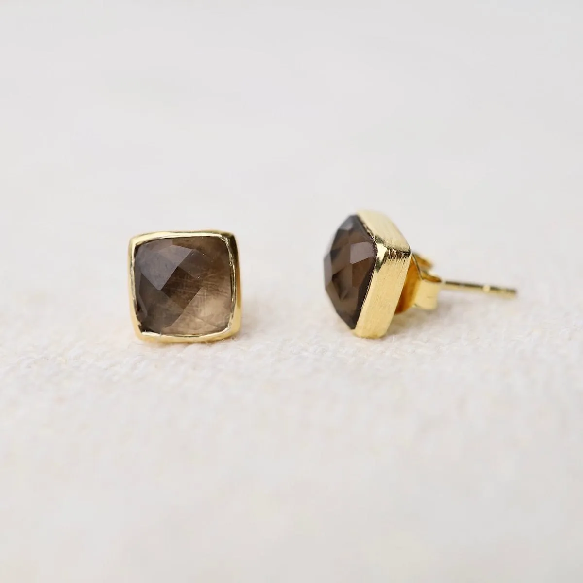 Madeline Stud Earrings - Vermeil Square - Smoky Quartz