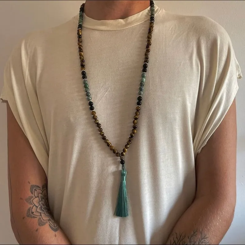 Mens African Turquoise Black Onyx and Tigers Eye 108 Mala Bead Necklace with Tassel