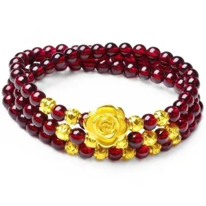 Natural Red Garnet Gold Rose Healing Bracelet