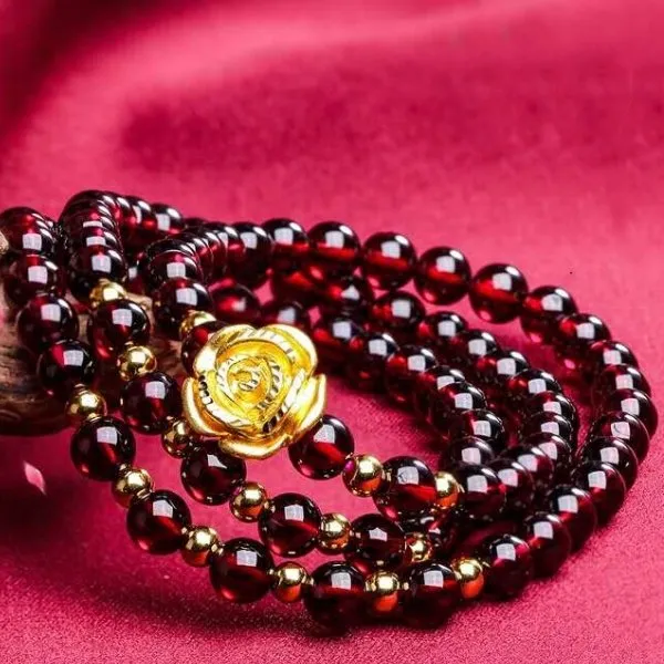 Natural Red Garnet Gold Rose Healing Bracelet