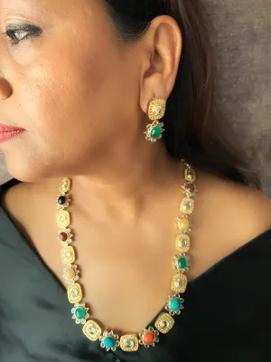 Navratna onyx with polki long necklace set