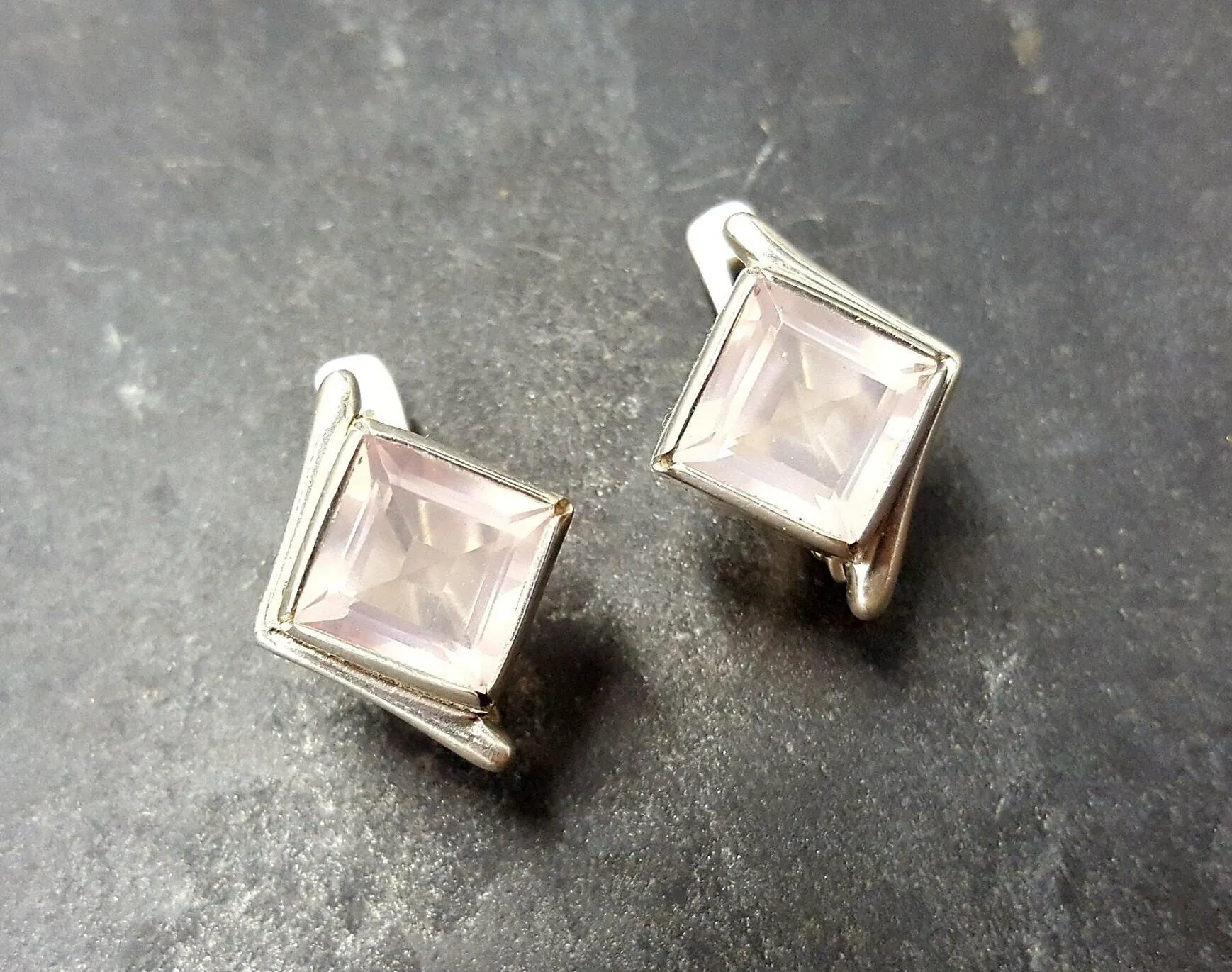 Pink Square Earrings - Natural Rose Quartz Earrings - Vintage Classic Earrings