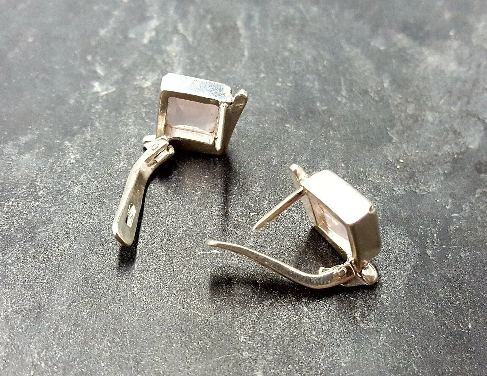 Pink Square Earrings - Natural Rose Quartz Earrings - Vintage Classic Earrings