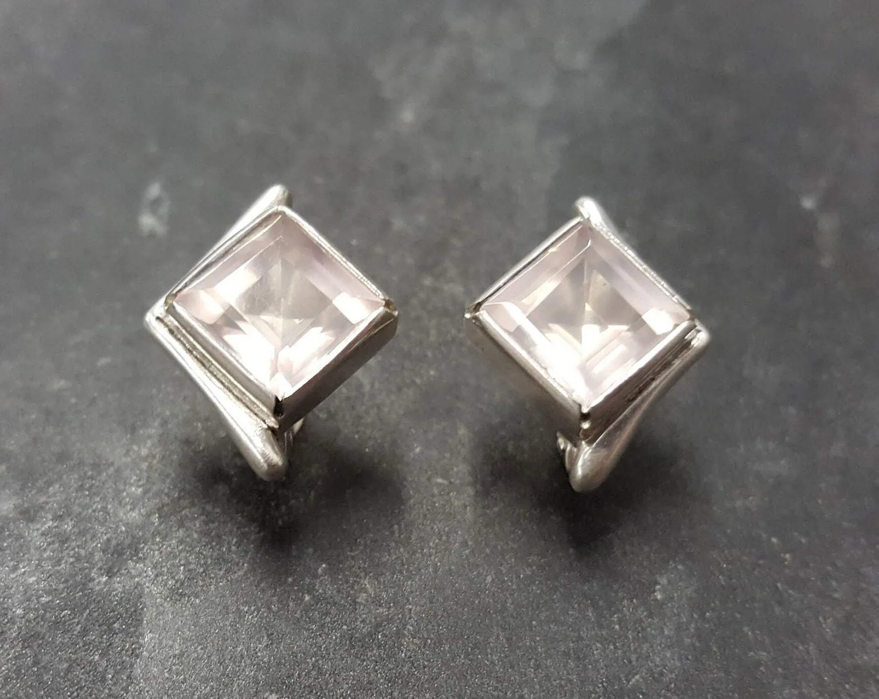 Pink Square Earrings - Natural Rose Quartz Earrings - Vintage Classic Earrings