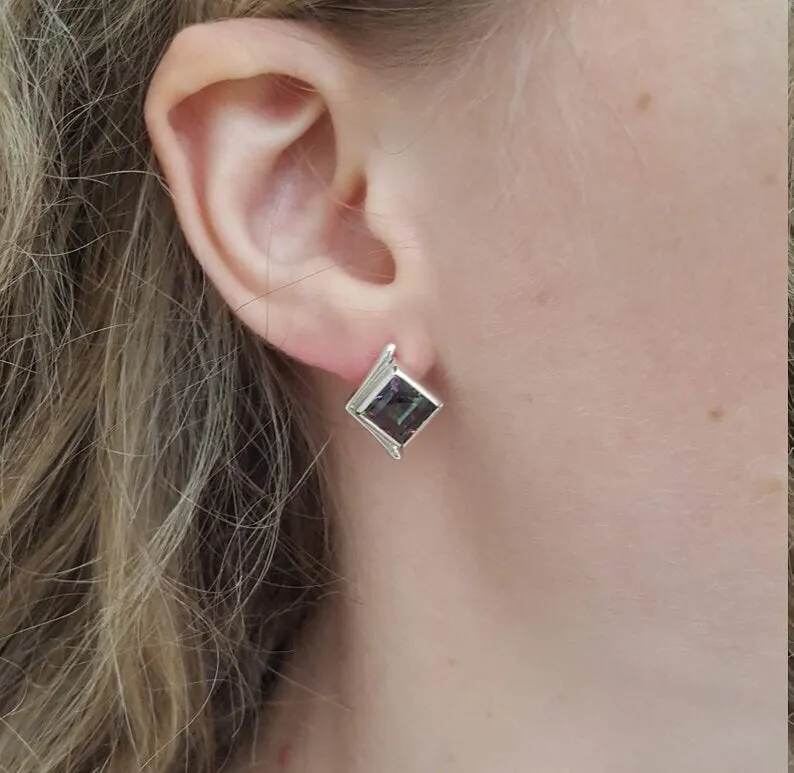Pink Square Earrings - Natural Rose Quartz Earrings - Vintage Classic Earrings