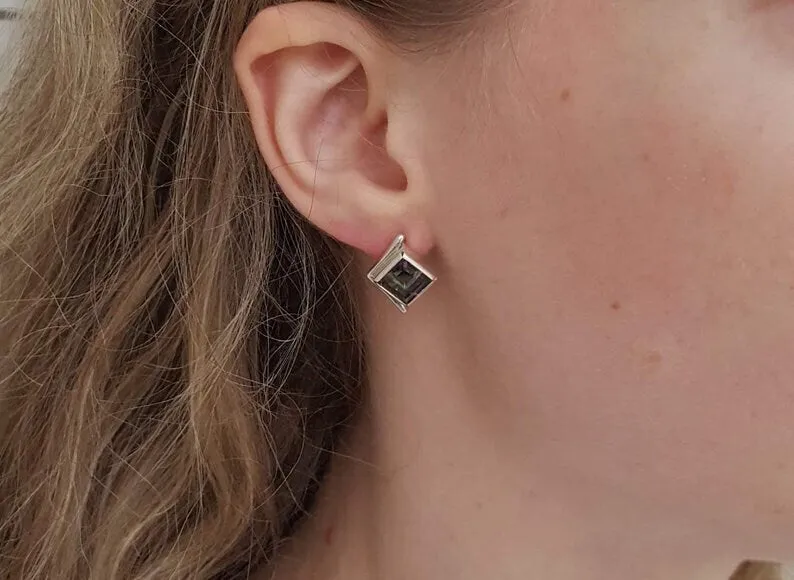 Pink Square Earrings - Natural Rose Quartz Earrings - Vintage Classic Earrings