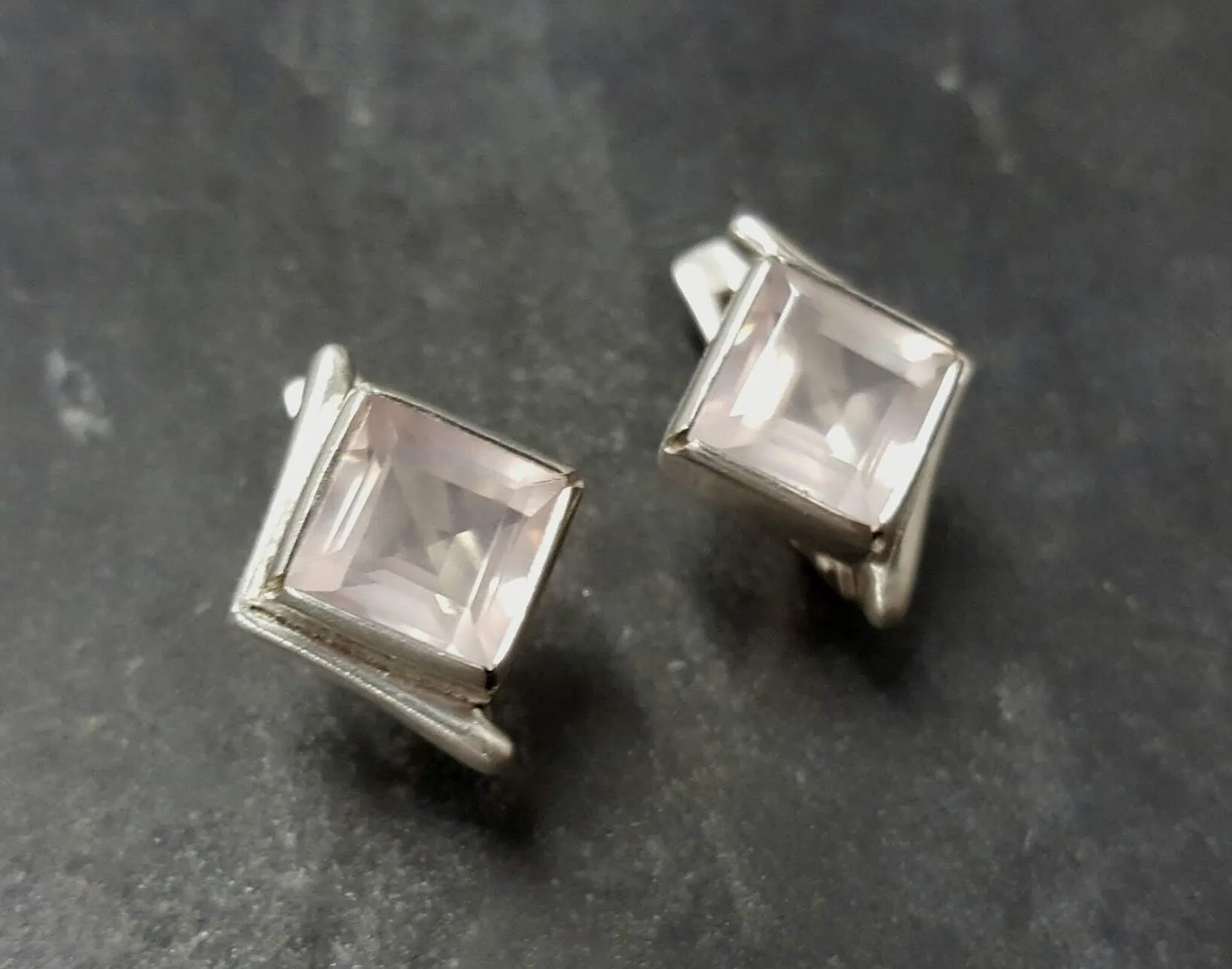 Pink Square Earrings - Natural Rose Quartz Earrings - Vintage Classic Earrings