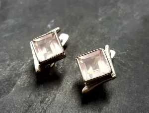 Pink Square Earrings - Natural Rose Quartz Earrings - Vintage Classic Earrings